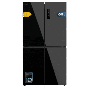 Bolero CoolMarket 4D 601 Black Glass E Frigorífico de 4 Puertas cristal negro, Capacidad de 601 Litros, Ancho de 90.5 cm alto de 177.5 cm, Sistema de conservación Total NoFrost, MetalFlex Cooling, Cajón Control de Humedad y Cajón temp. variable 0ºC A 7ºC, Motor Inverter Plus silencioso y de bajo consumo, Display digital exterior, Clasificación energética Clase E, Funciones Fast Cooling y Fast Freezing, Alarma de puerta Abierta y Alarma temperatura y mal funcionamiento, Modo ECO