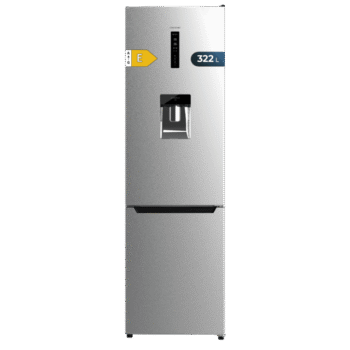 Bolero CoolMarket Combi 322 WD Inox E Frigorífico combi inox, 185,5cm de alto y 59,5 cm de ancho, con 322 litros de capacidad, compresor Inverter Plus, Total No Frost, dispensador de agua, clase energética D y con sistema Multi Air Flow. Además, cuenta con el modo Fast Cooling.